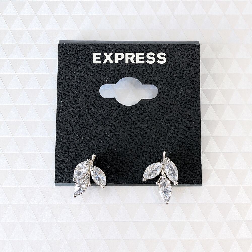 Express Crystal Leaf Dangle Earrings Silver Tone Rhinestone